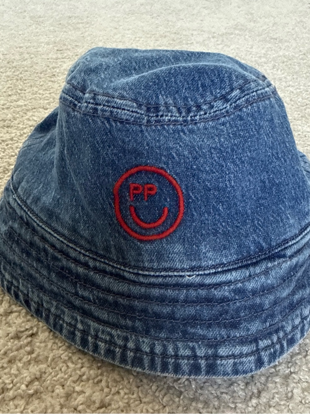 NWT‎ PNTS Vintage/Medium Washed Denim Cotton Bucket Hat Smiley Face Logo